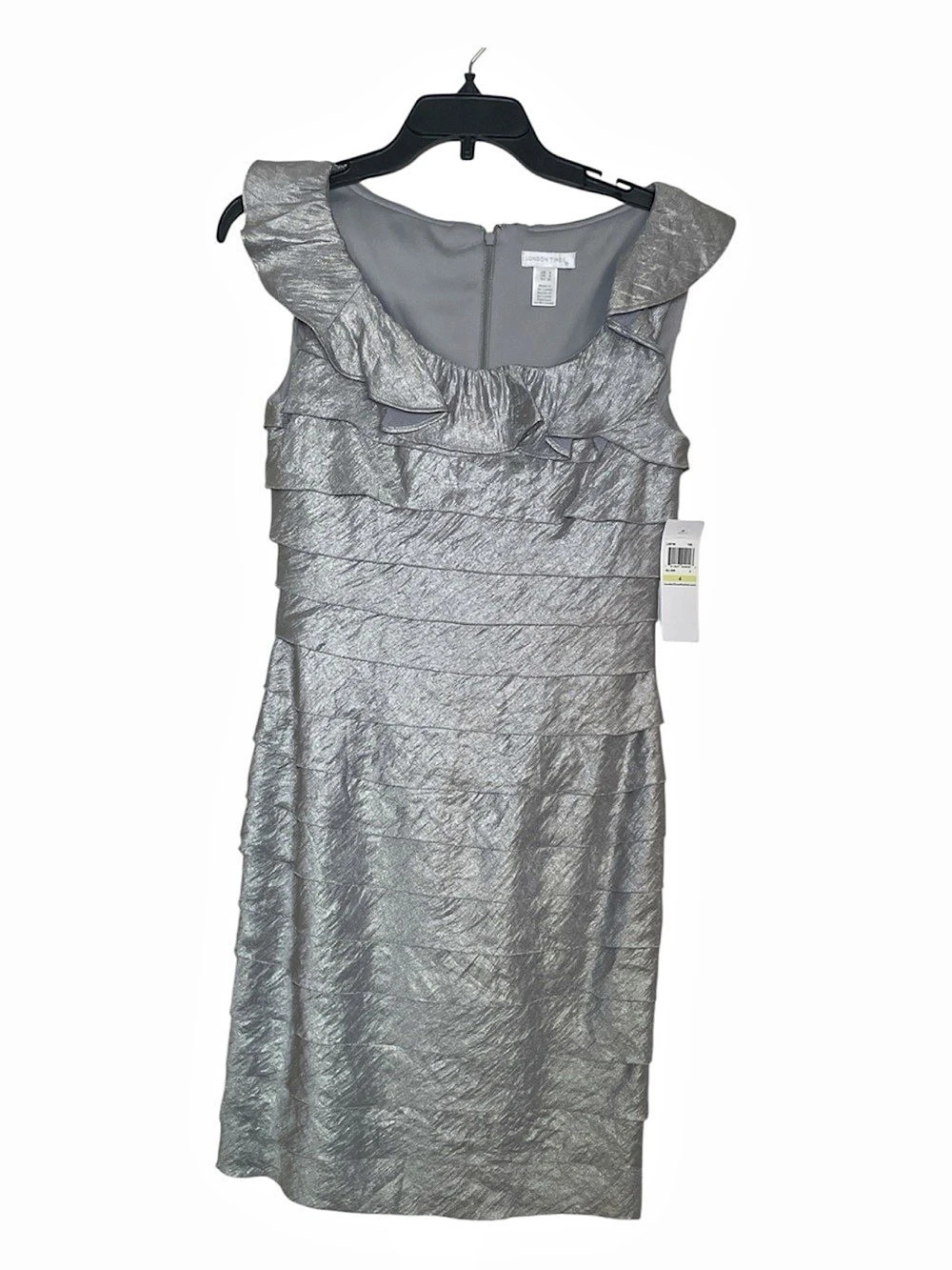 London Times L237M Silver Ruffle Mini Dress Size 4 NWT
